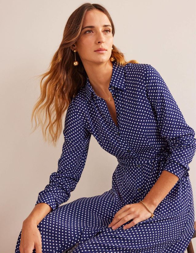 Clothing Navy Dotty Women Boden Kate Midi Shirt Dress 84JN50 84JN50 Chic Delight on Boden Canada Boden sandals sale take a stylish stride offering both comfort and fashionable flair during